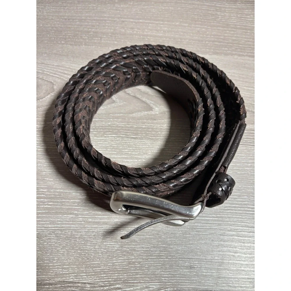 Mens Woven Braided Genuine Leather Belt Brown Silver Buckle XL Rodeo Western